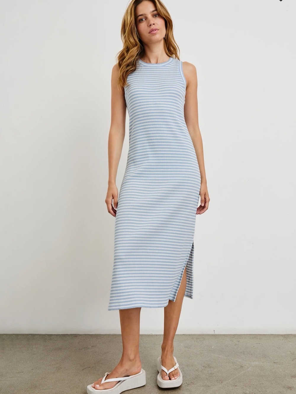 Rails Light Blue and White Sleeveless Stripe Midi Dress